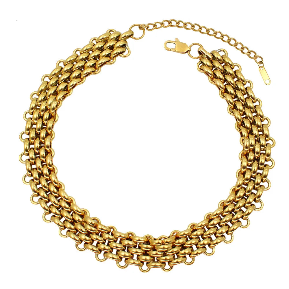 REBEL Hip Hop Fashion Jewelry Sets 18K Gold Stainless Steel Multilayer Woven Wide Chain Necklace and Bracelet Jewelry Sets for Women