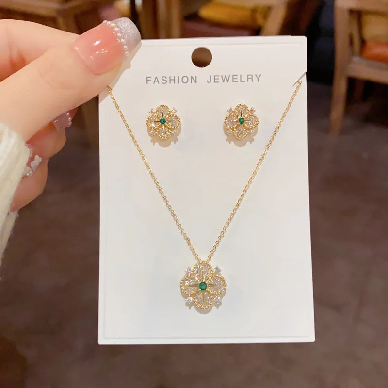 Top Quality  Fashion Exquisite Flower Necklace and Earrings Set with Zircon Classic Real Gold Plated Jewelry Set for Women