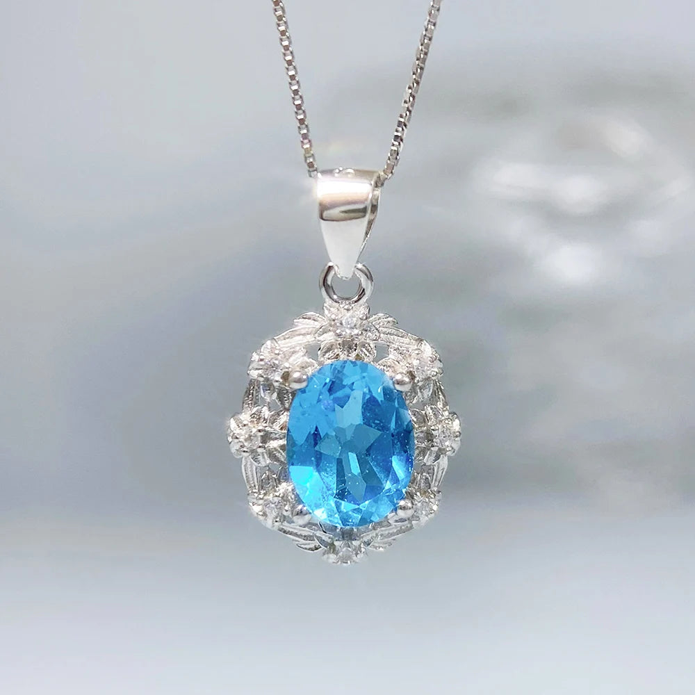 Gioiellieri S925 Sterling Silver Natural Swiss Blue Topaz Pendant with Blue Gemstone for Women Fine Jewelry Anniversary Birthday Gift Best