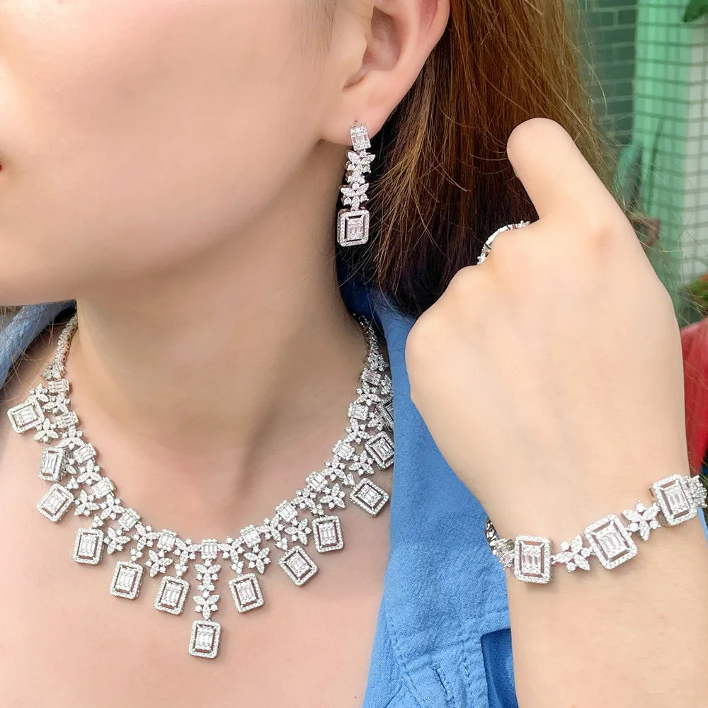 Luxury Saudi Arabia Square Tassel Flower Shaped CZ Jewelry Wedding Drop Earrings Necklace Set for Women Evening Party Accessory