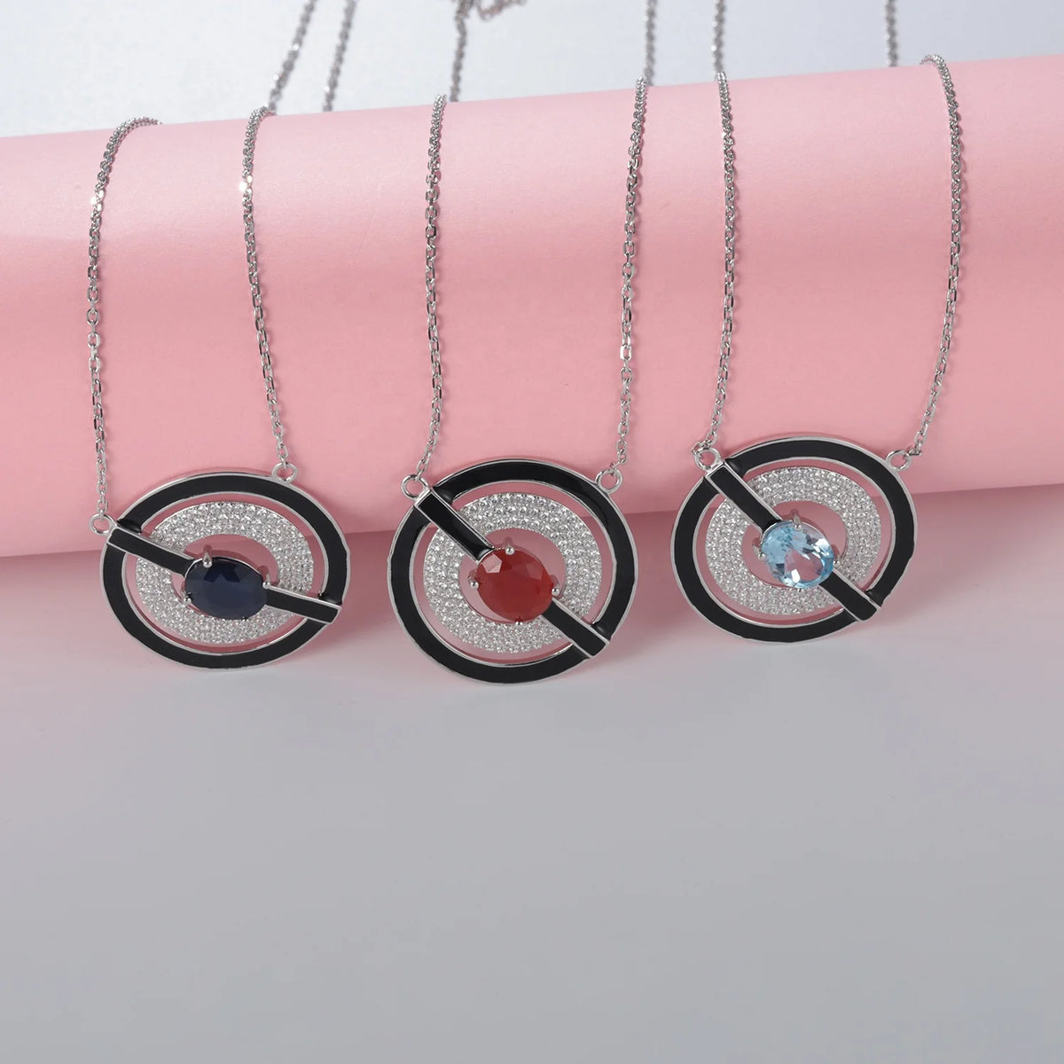 ArtistA Abiding Special Design Geometric Circle Round Disc Blue Diffusion Sapphire Topaz Red Agate Gems Forbidden Sign Charm Necklace