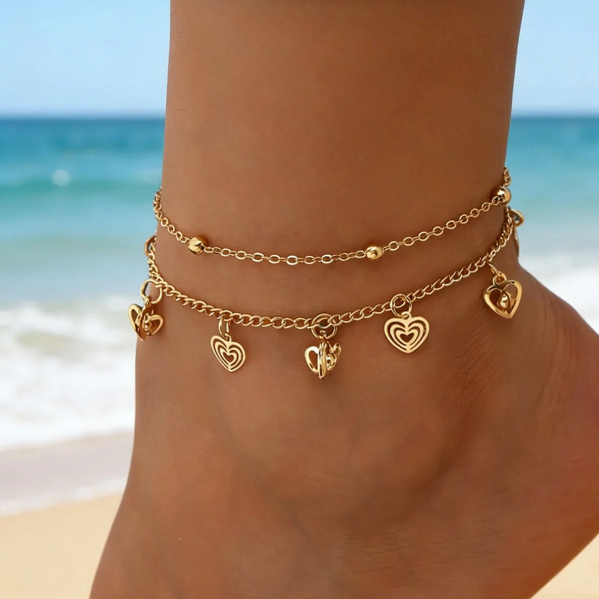 1Pc Women Stainless Steel Hollow 3D Heart Double Layer Classic Anklet Circling Setting Simple Fashion Daily & Party Jewelry