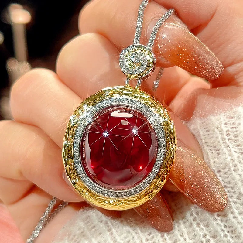 REDheart Brass Inlaid Zircon Plated Gold Plated Two-Color Open Ring Simulation Pointed Texture Pendant Necklace Set for Wedding