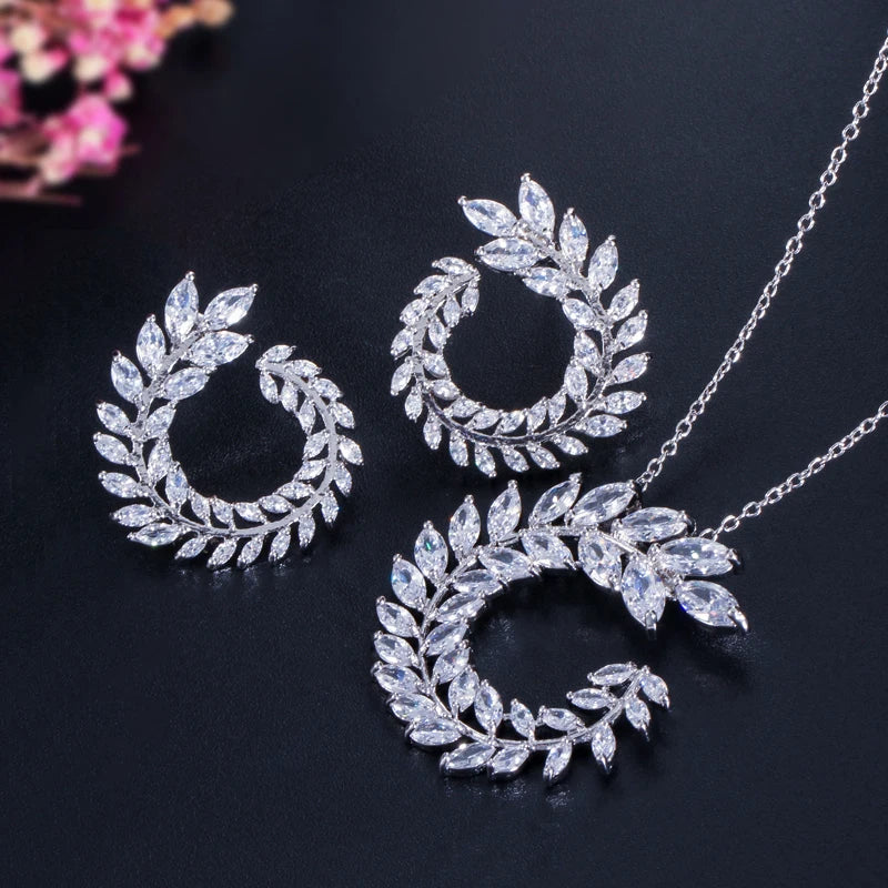Women Costume Jewelry Long Leaf Olive Branch Marquise Cut Pendant Necklace and Earring Sets with Sparkly White Cubic Zirconia