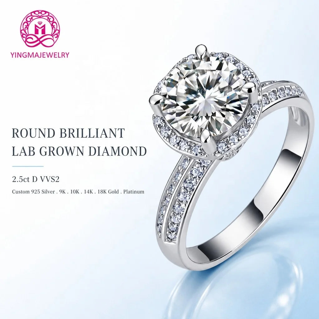Gioiellieri Sparkly Round Halo Double Pave Shank Lab Grown Diamond Ring 2.5CT D VVS2 9K 10K 14K 18K Gold Women Daily Party Wear Jewelry