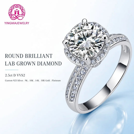 Gioiellieri Sparkly Round Halo Double Pave Shank Lab Grown Diamond Ring 2.5CT D VVS2 9K 10K 14K 18K Gold Women Daily Party Wear Jewelry