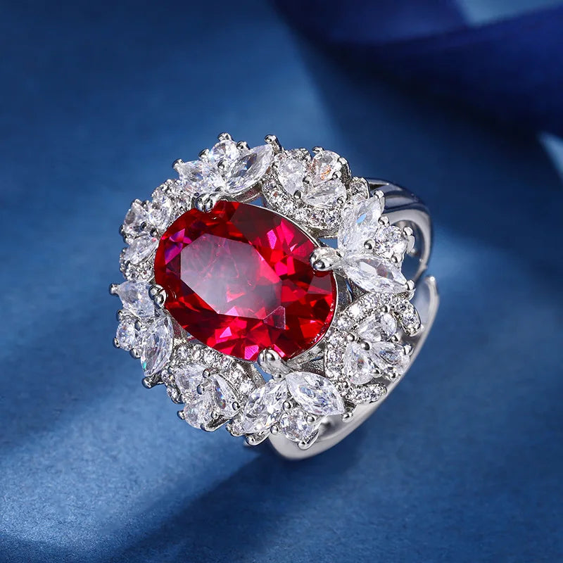 Gemfiori New Jewelry Pomegranate Red Sunflower Pendant Jewelry Hot Selling Zircon Ring Earring Set Holiday Gift