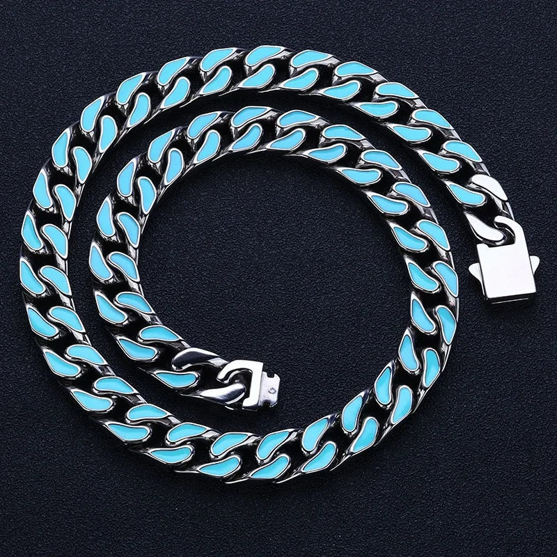 Hip Hop 12mm Colorful Oil Drop Stainless Steel Cuban Chain Niche Necklace Bracelet For Men