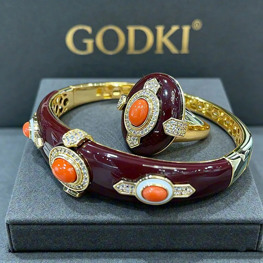 Gemfiori H175A Luxury 3 Rows 2PCS Zircon Bracelet Ring Earring Set Women Wedding Zircon African/Indian/Dubai Bridal Jewelry Set