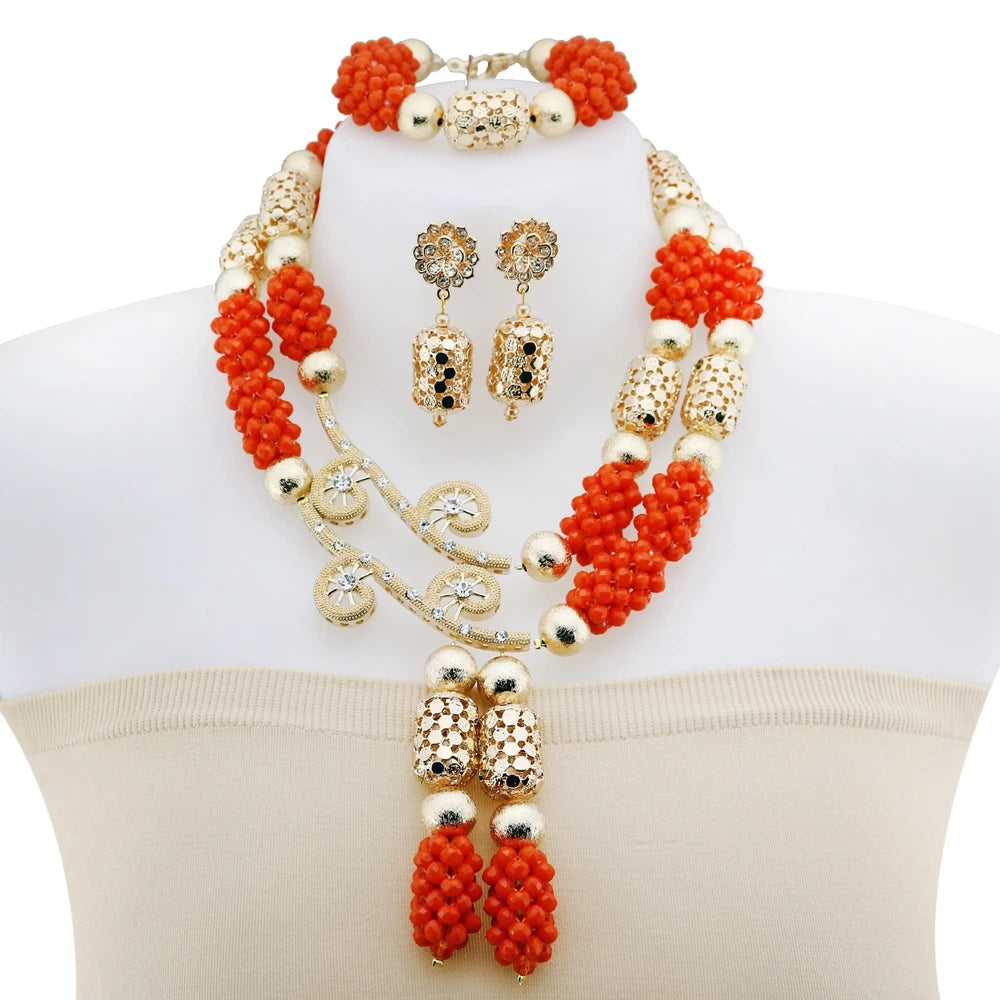 Zhuerrui Luxurious African Red Bead Jewelry Set Eye Catching Necklace Earrings Ideal for Parties and Special Occasions YL108