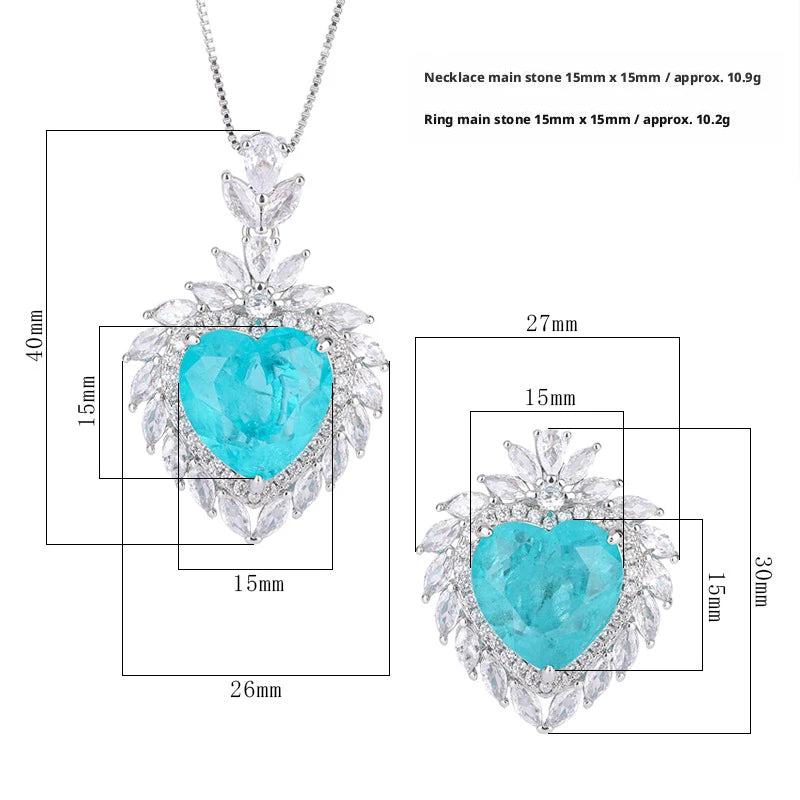 Gemfiori Fancy Radiant Cut Romantic Heart Ring Luxury 15*15MM Crystal Heart Design Pendant Necklace Women Wedding Party Jewelry Sets Gift