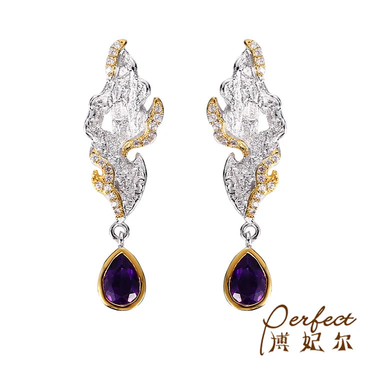 Handmade Amethyst Stone 925 Silver Jewelry Pressed Earrings