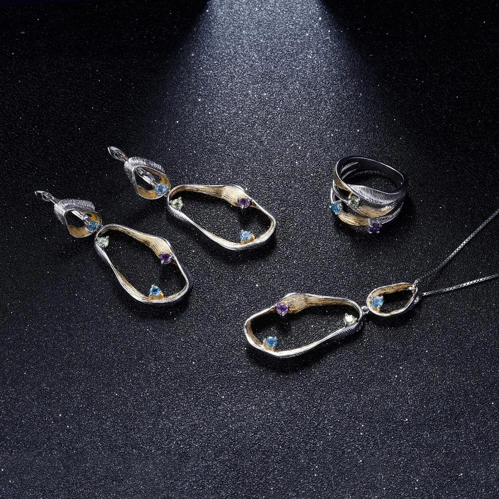 ArtistA Hot Sale S925 Real Silver Natural Peridot Amethyst Topaz Mixed Gemstone Necklace Pendant Earring Ring Jewelry Sets for Women