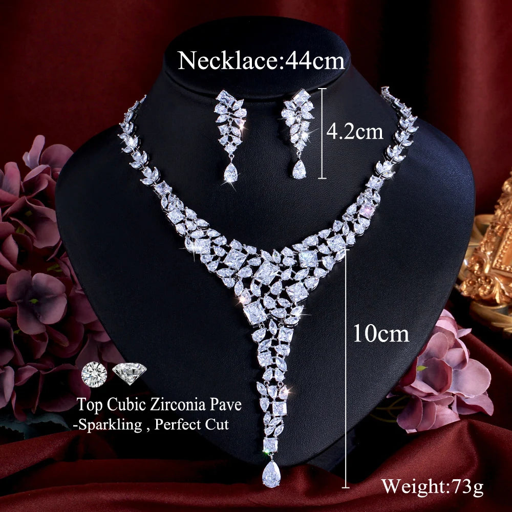High Quality Luxury Statement Cubic Zirconia Drop Chunky Nigerian Wedding Necklace and Earring Bridal Jewelry Set for Women