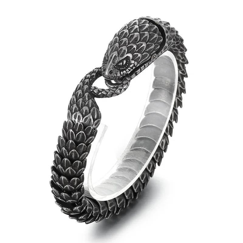REBEL 220mm Men Punk Oxidized Black/Silver/Gold Stainless Steel Feathers Snake Links Bracelet
