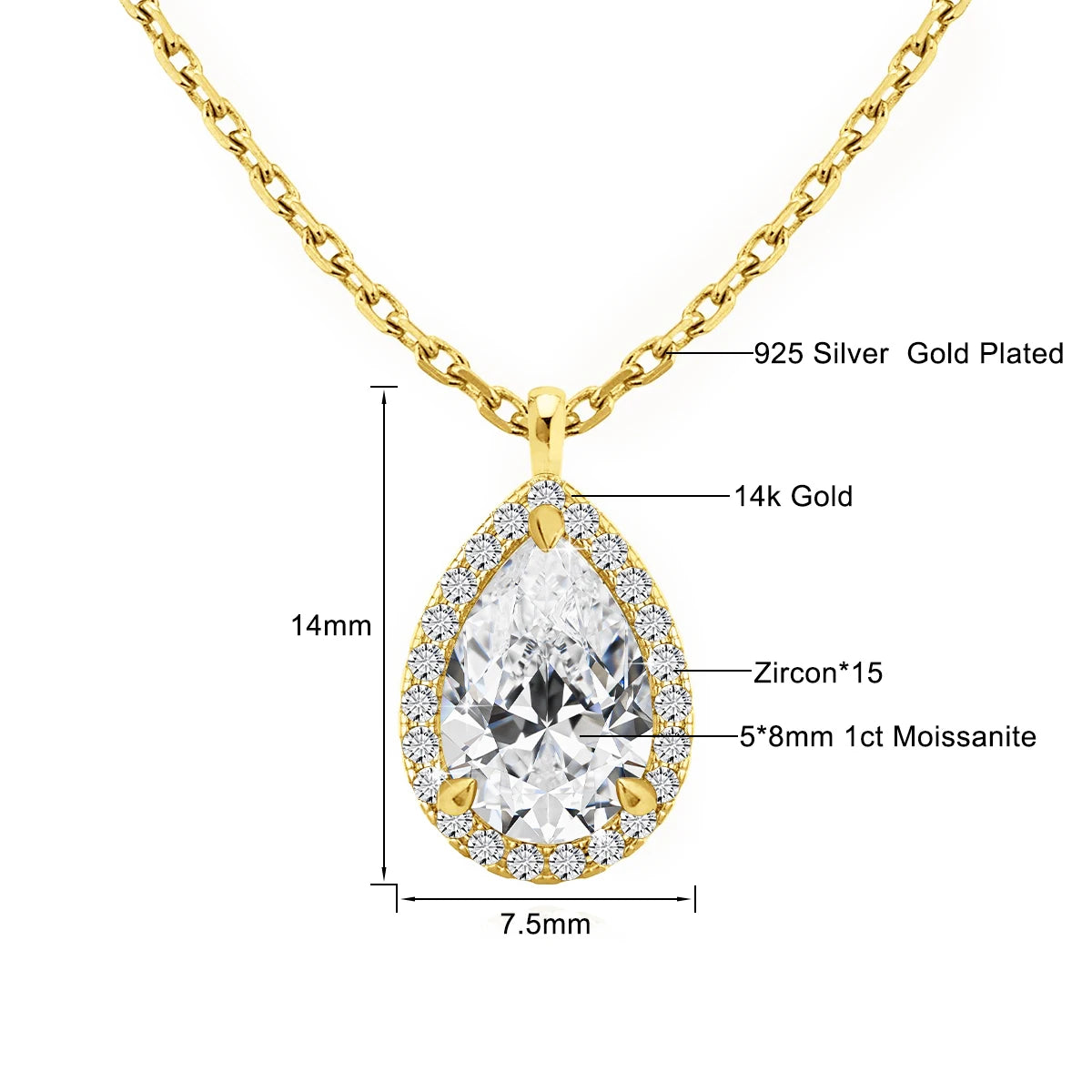 Gioiellieri Classic Design Luxury Gift for Women Fine Jewelry 14K Gold 1ct Pear Cut Moissanite Diamond Halo Pendant