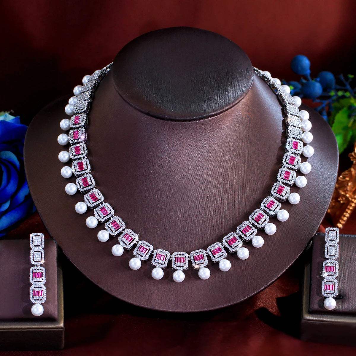 Women Glamorous Necklace and Earrings Red Cubic Zirconia Bridal Pearl Jewelry Set for Anniversaries Engagement Wedding Jewellery
