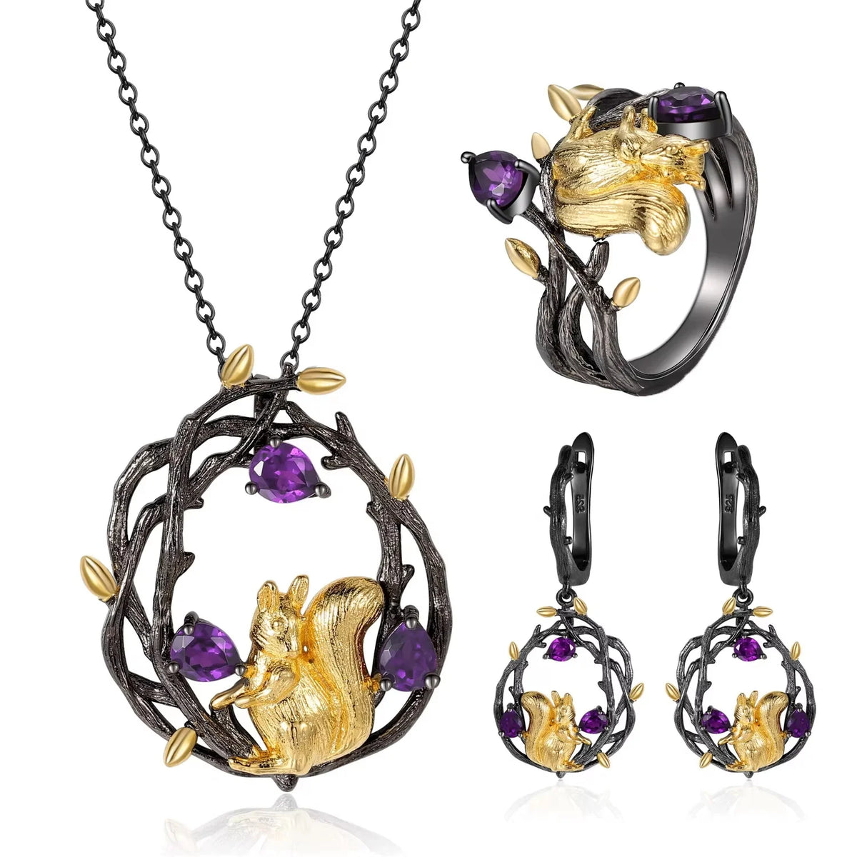 ArtistA C7874 Abiding Forest Spirit 925 Silver Gold-Plated Natural Forest-Core Niche Design Amethyst Squirrel Jewelry Set