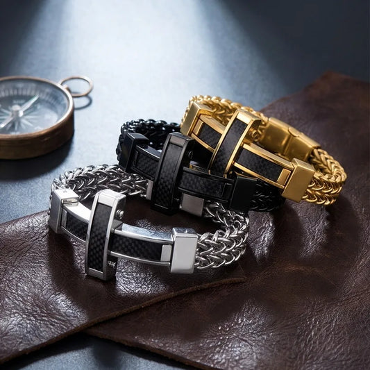 Kalen Hip-hop Luxury Unique Carbon Fiber Cross Double-Sided Chain Bracelet Magnetic Clasp Stainless Steel Men's Bracelet