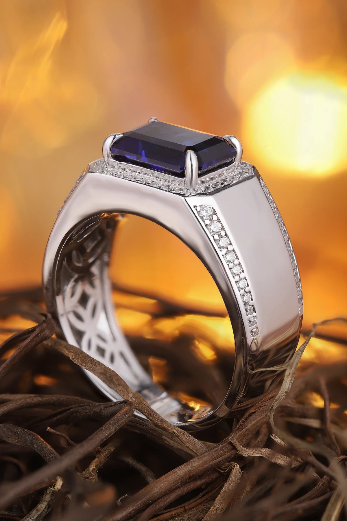 Gemfiori Luxury Wedding Jewelry Men Sterling 925 Silver Men Ring 3.4ct Lab Grown Sapphire Men Ring