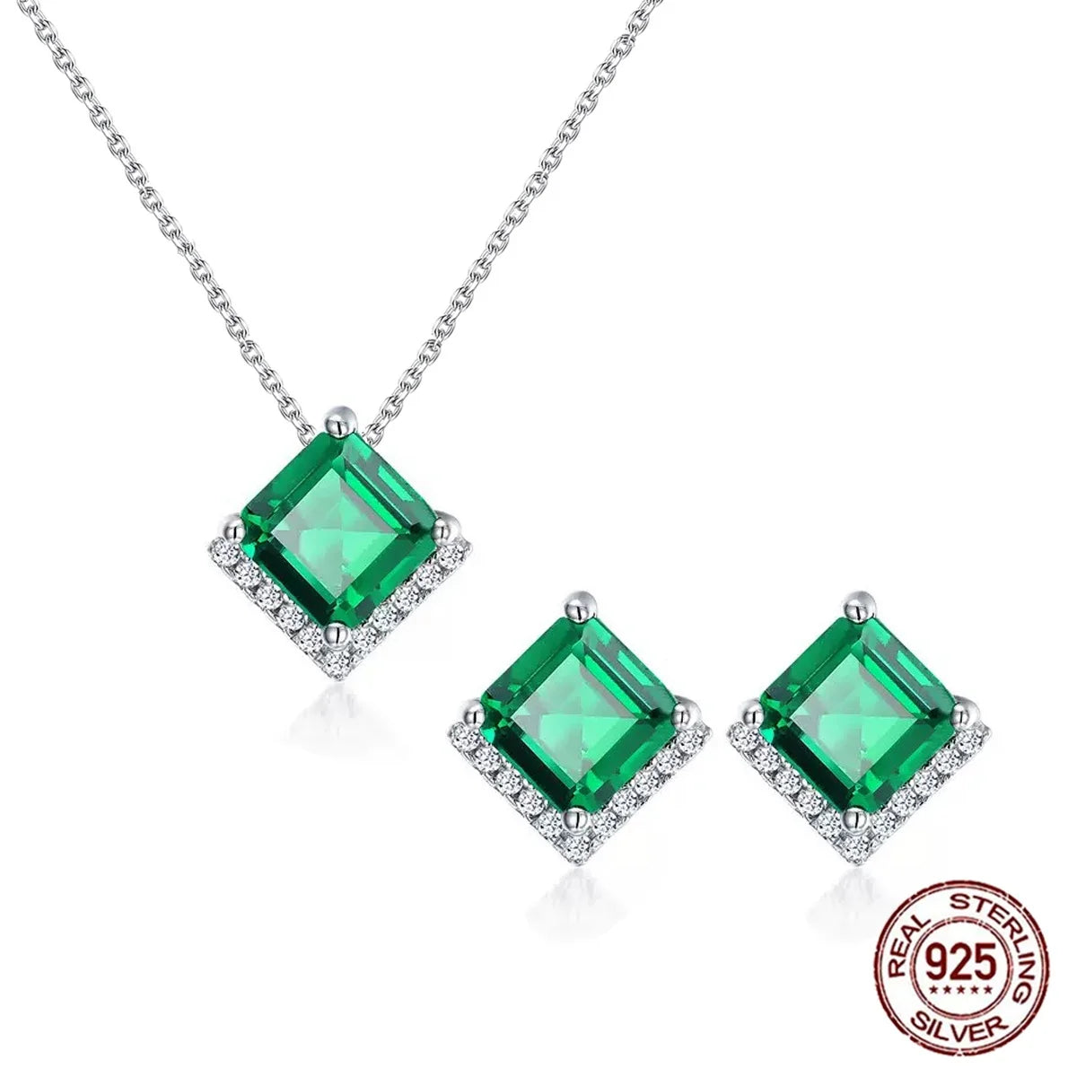 Princess Cut Emerald Green CZ Halo Necklace and Earrings 925 Sterling Silver Jewelry Set for Women Zirconia Bridal Jewelry Gifts