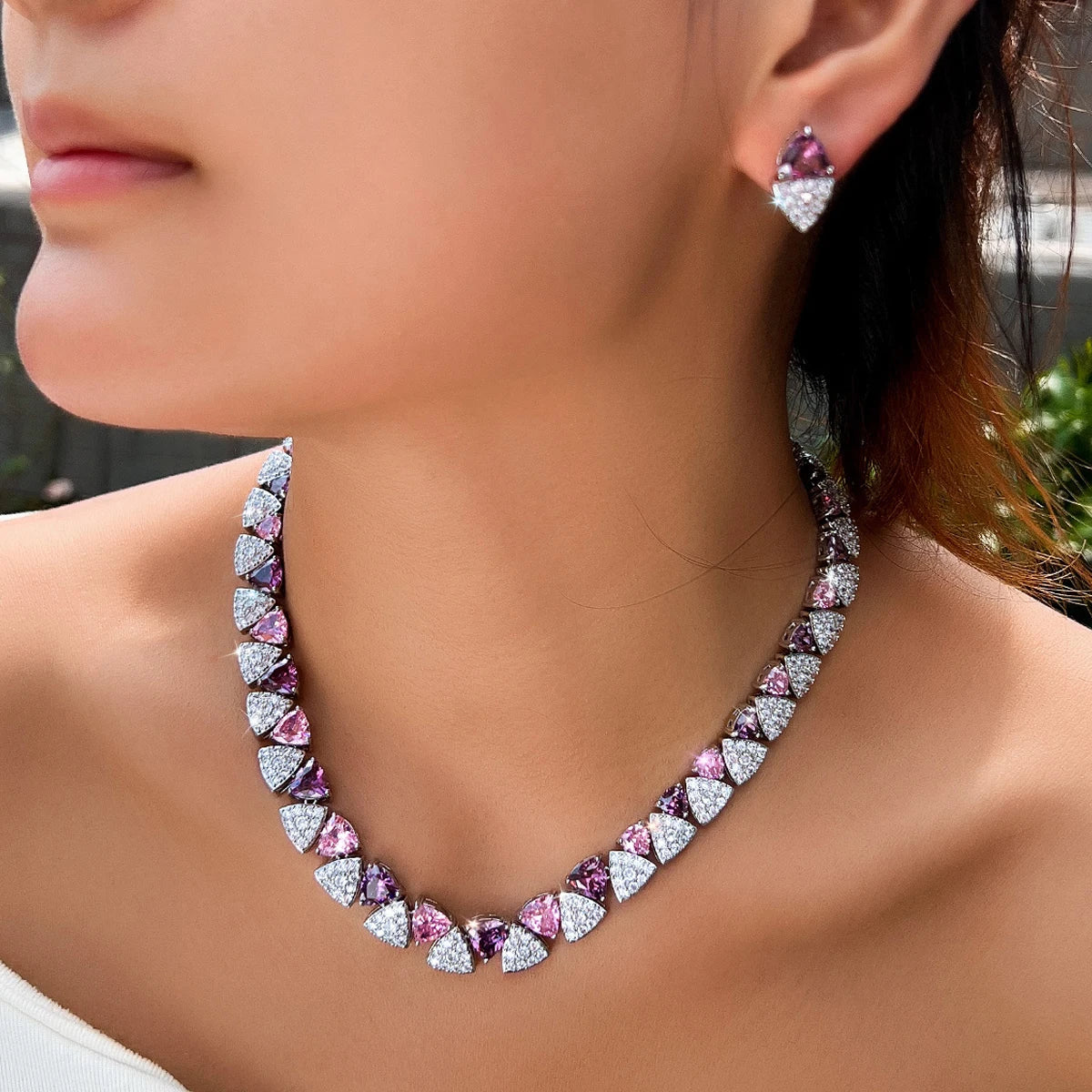 Geometric White Pink Purple Triangle Cubic Zircon Wedding Necklace Earrings 2Pcs Jewelry Set for Women Evening Party Accessory
