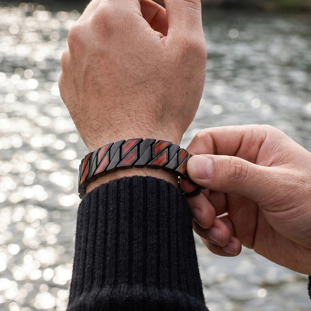 REBEL China Factory Custom Logo Engraving Black Stainless Steel and Red Wood Bracelet for Men