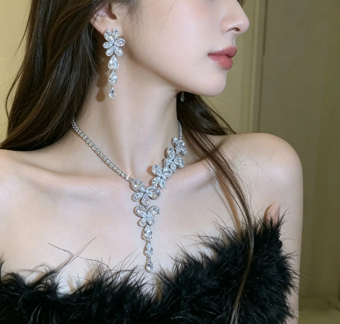 XM S362 Silver Plated Princess Cut Zircon Floral Choker Necklace & Teardrop Pendant Bridal Set