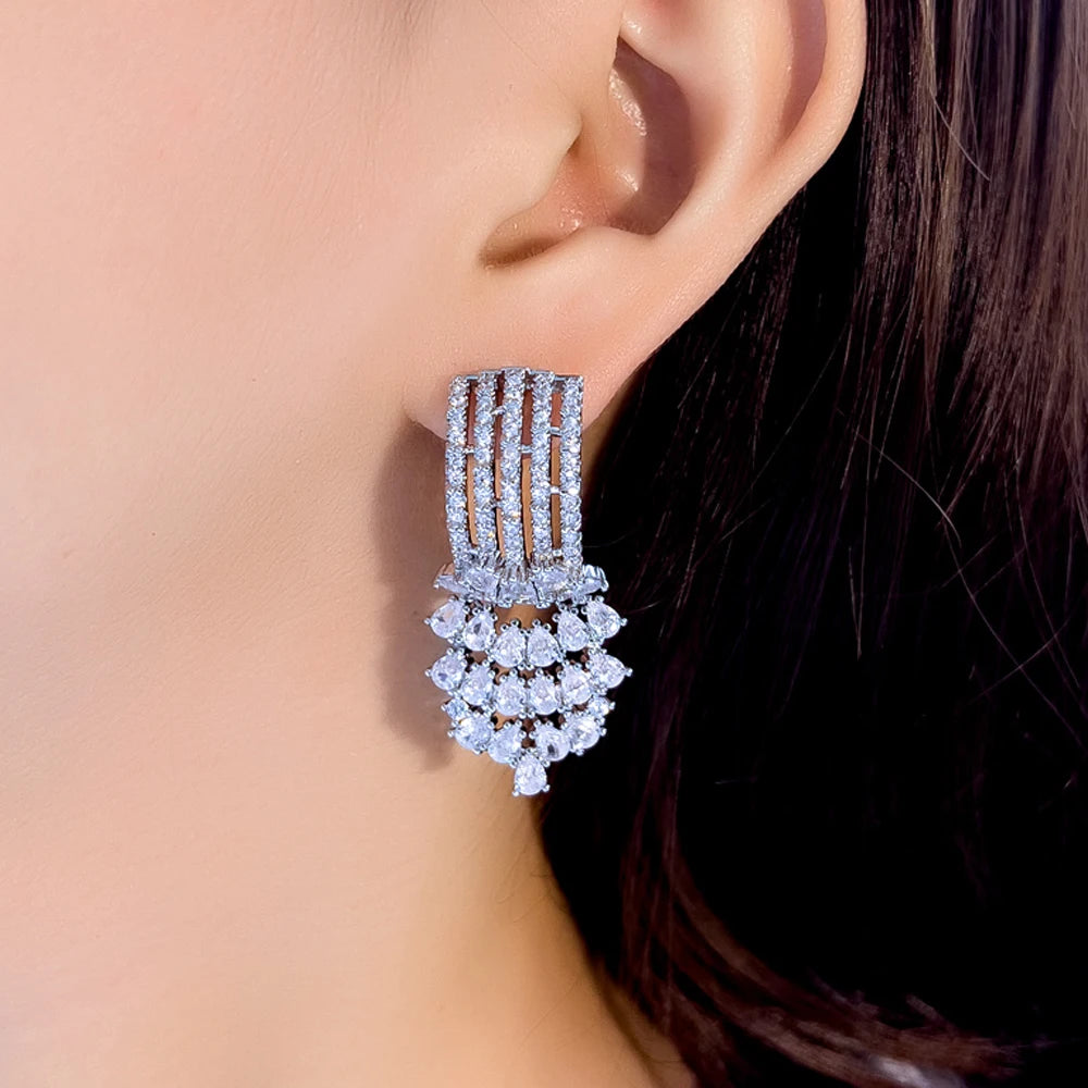 S&S CZ Floral Long Dangle Drop Earrings – AAA Pear Cut – Rhodium Plated – Collection