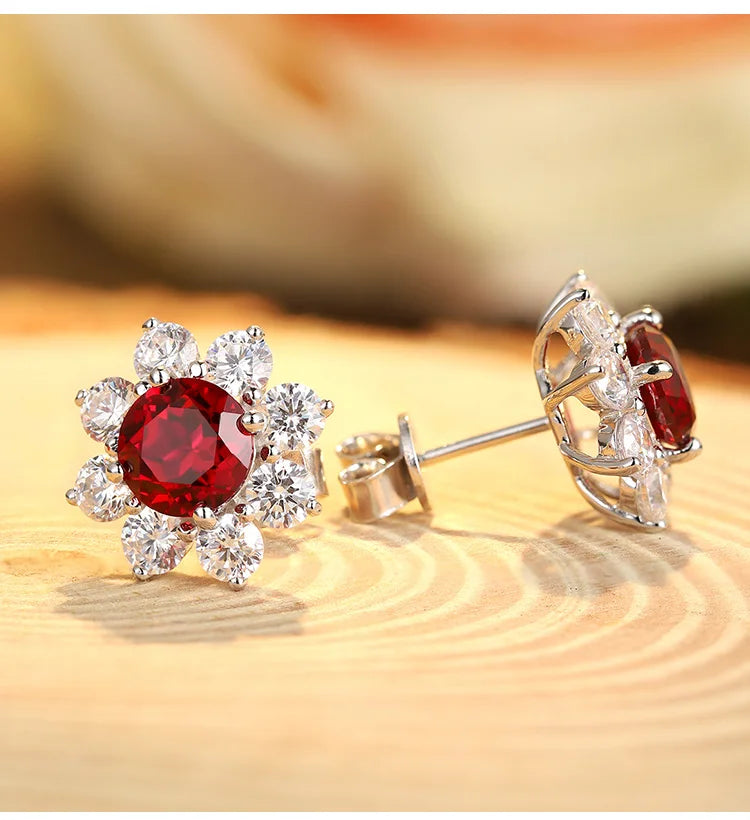 Gemfiori Factory Price Earrings with Great Discounts Vintage Flower Earrings Ruby 925 Sterling Silver Hoop Drop Earrings for GiftJewelry