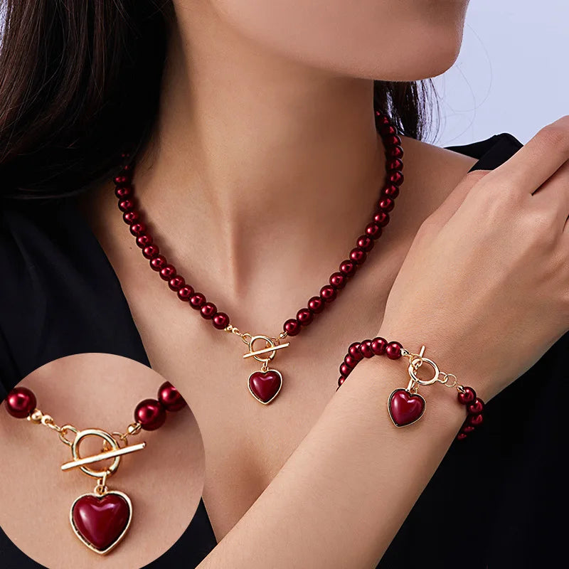 S&S Heart Charm Imitation Pearl Necklace & Bracelet Set – Collection