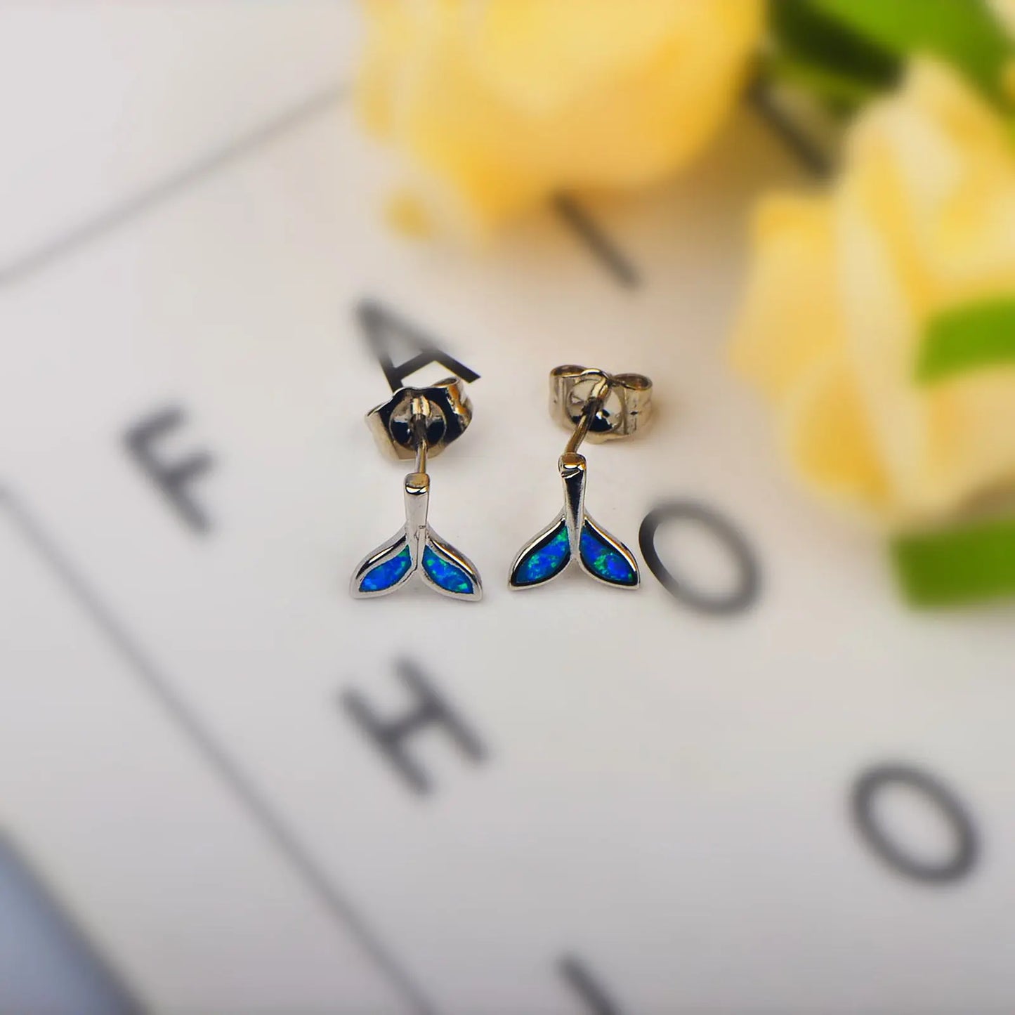 Hawaiian Trendy Whale Tail Studs   Sparkling Blue Opal Earrings Cute Ocean Theme Jewelry