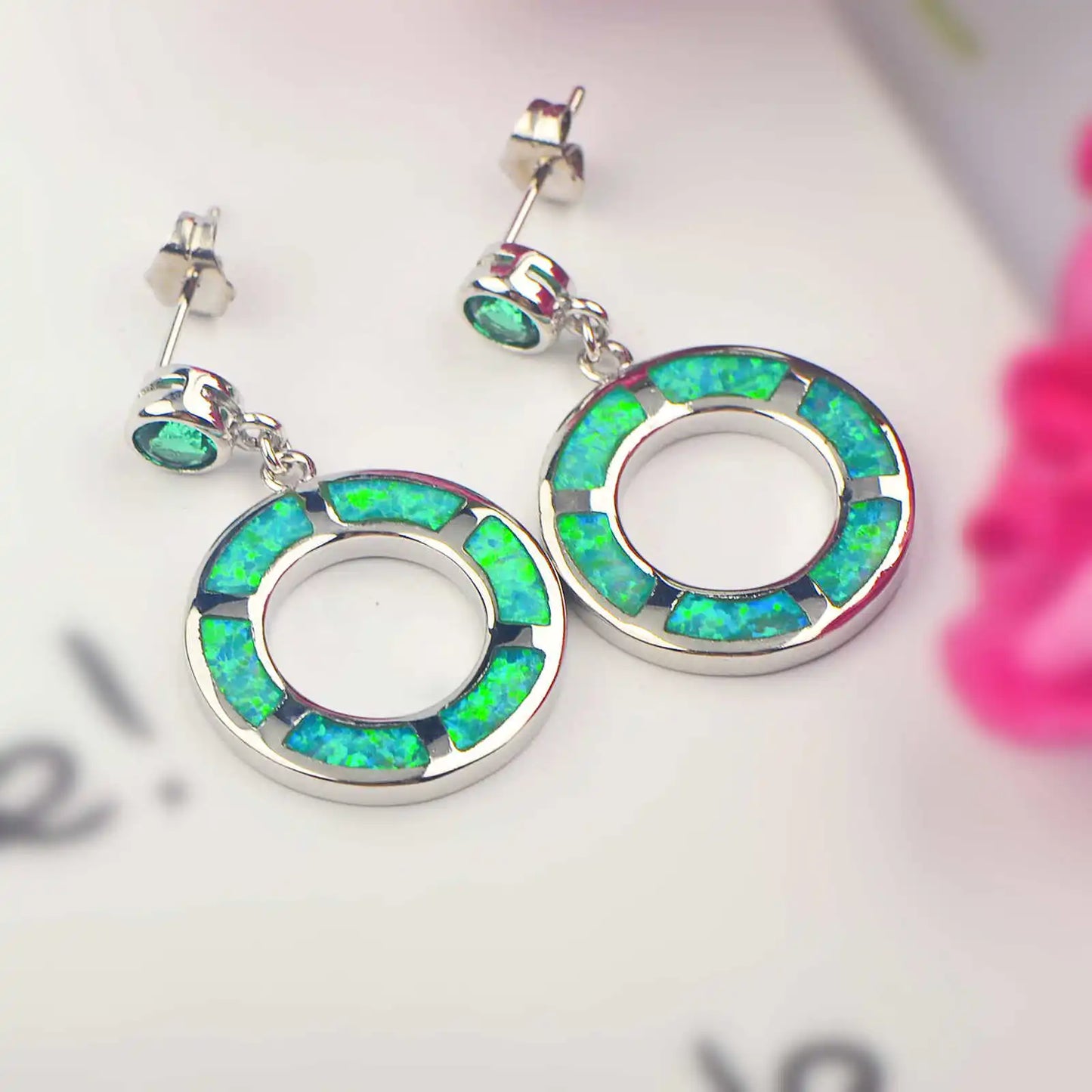 Retro Green Opal Pendant Earrings Brass Silver Plated Geometric Christian Minimalist Round Circle Jewelry for Women