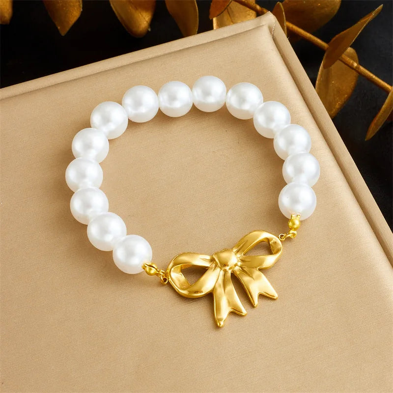 Women's French Vintage Design Pearl Chain Gold-plated OT Clasp Stainless Steel Scallop Starfish Pendant Bracelet Necklace Set