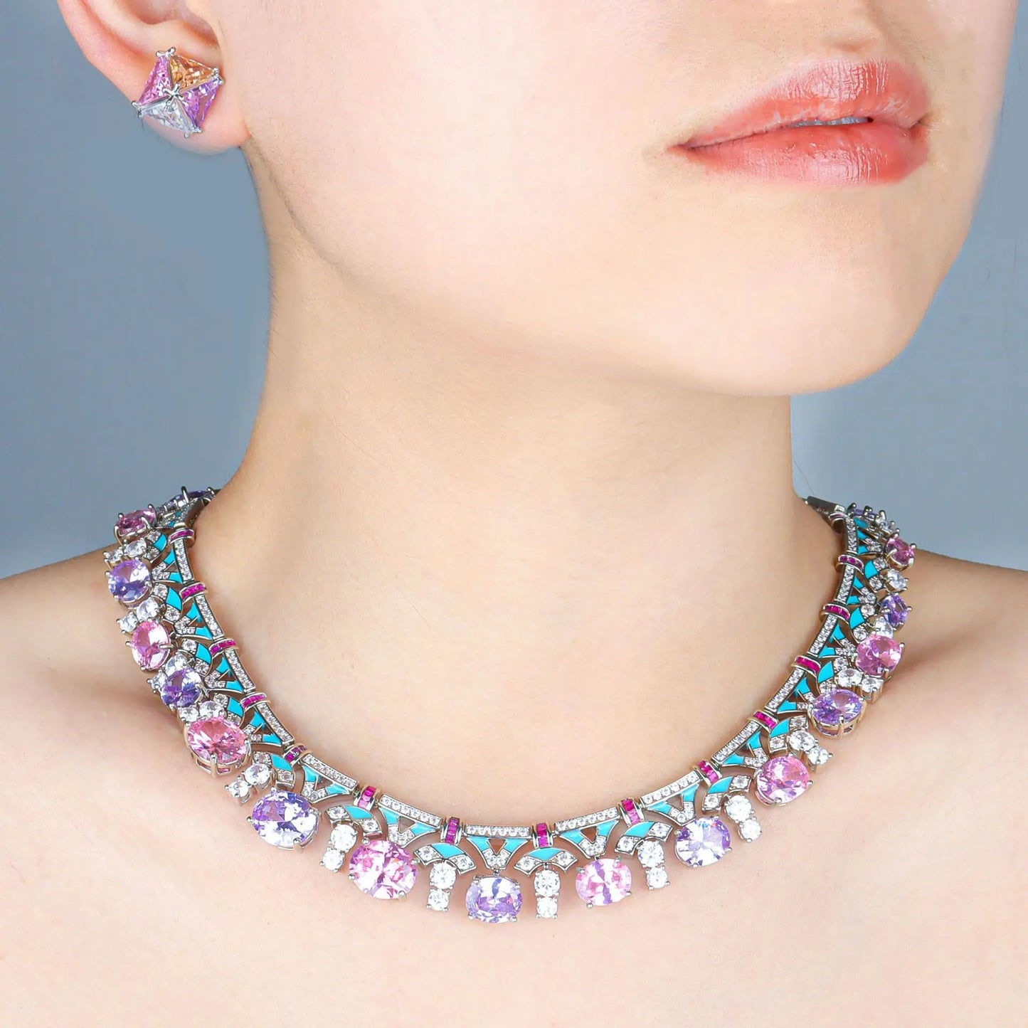 Luxury Flower Zirconia Choker Necklace & Earrings Set — Purple & Yellow