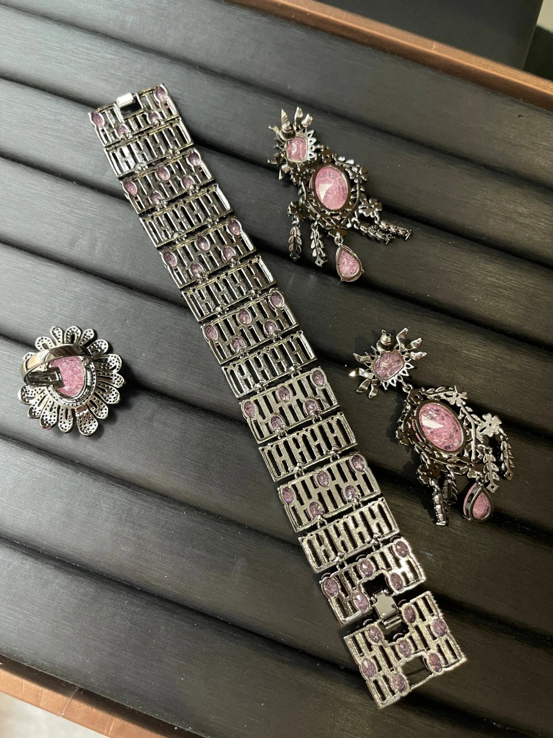 XOTICA TIANSHE Vintage Dark Aged Heavy 3pcs Jewelry Set Sunflower Wide-row Bracelet Long Double-layer Dangle Earrings & Flower Ring