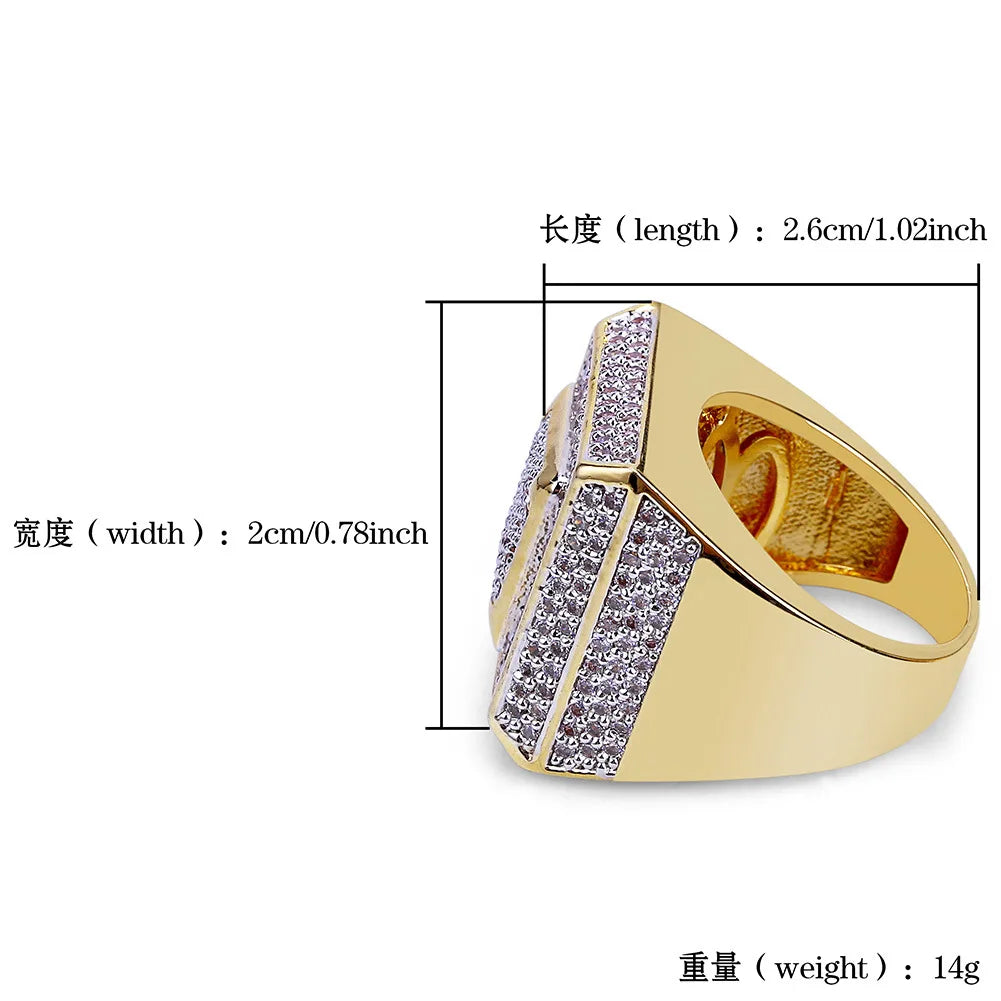 Gemfiori Fashionable Plated with 18K Gold Hip Hop Iced Out Bling Ring Micro-set Zirconium Stone CZ Personality Rings for Men