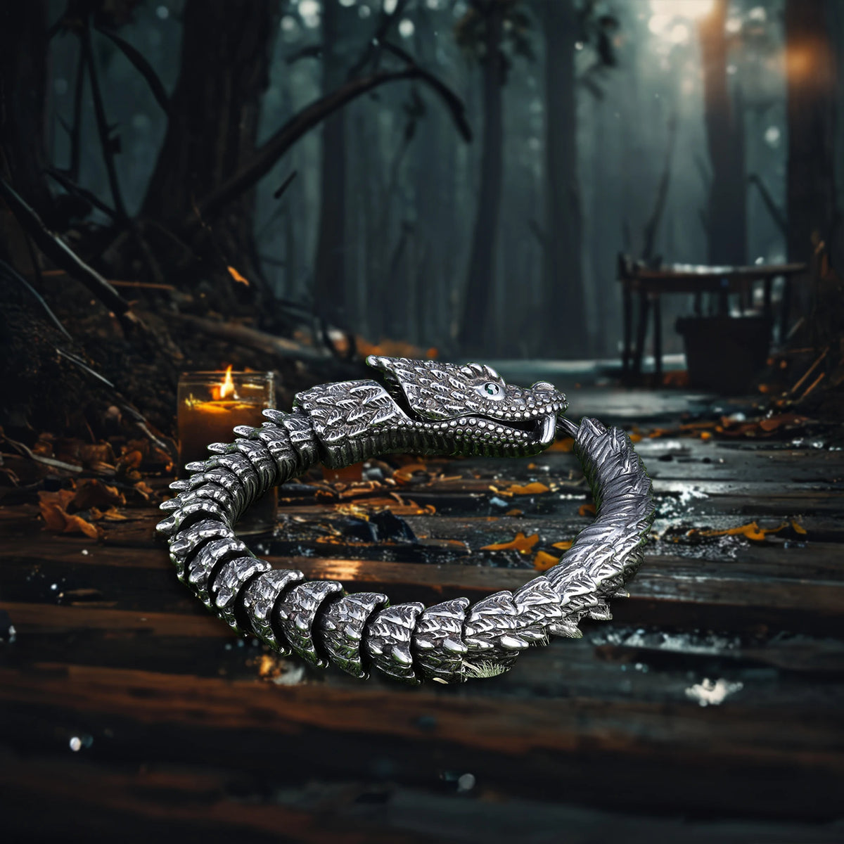 REBEL VIKING Snake Serpent CZ Bangle Bracelet – Stainless Steel Silver