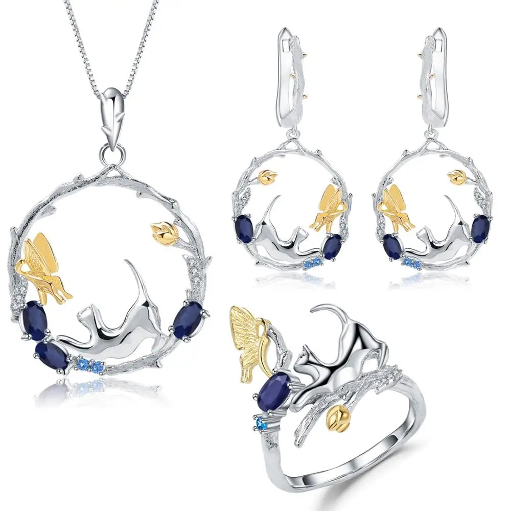 ArtistA Abiding OEM Jewelry Set 925 Sterling Silver Ring Earring Necklace Gemstone Sapphire Cat & Butterfly Women Jewelry Set