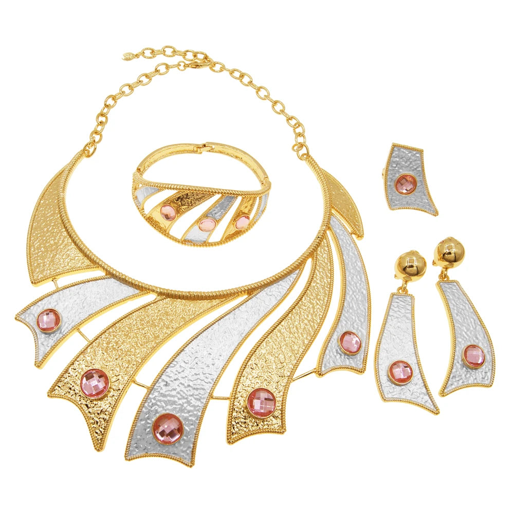Zhuerru Italian Gold Plated Jewelry Set Pink Bead Necklace Bracelet Earrings Jewels Sets High Quality Fashion Woman Gift H00553