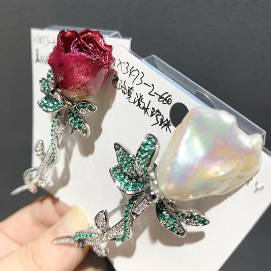 Clearance Sale 18K Gold Plated Copper Zircon Baroque Freshwater Pearl Rose Brooch Engagement Gift for Children's