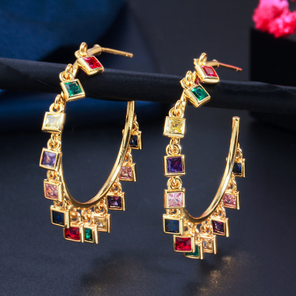 S&S Rainbow Square CZ Charm Hoop Earrings – 18K Gold Plated – Multi & White – Collection