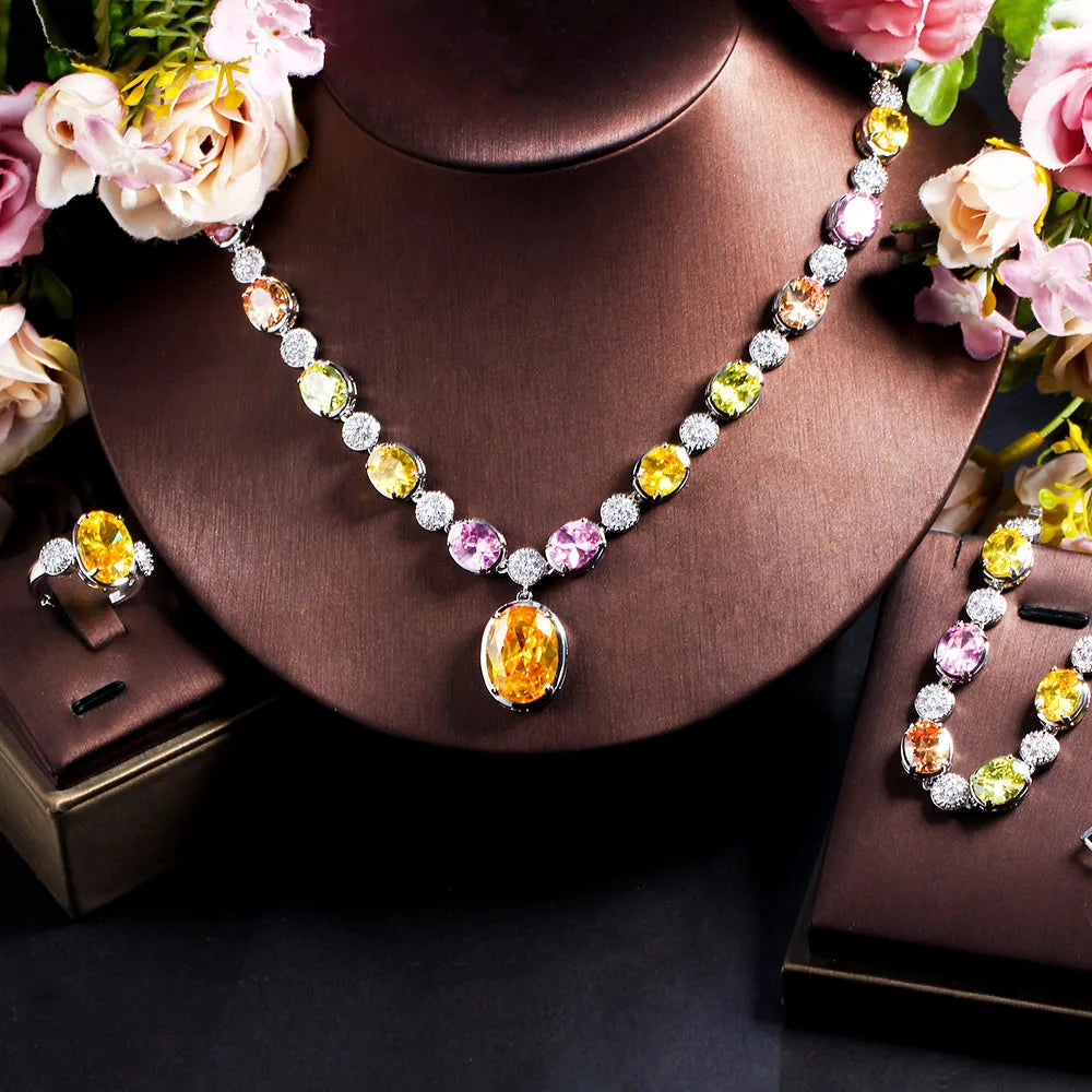 4pcs Luxury Jewelry Set Shiny Multi Color Yellow Oval Cubic Zircon Adjustable Ring Necklace Bracelet Earring for Women Wedding