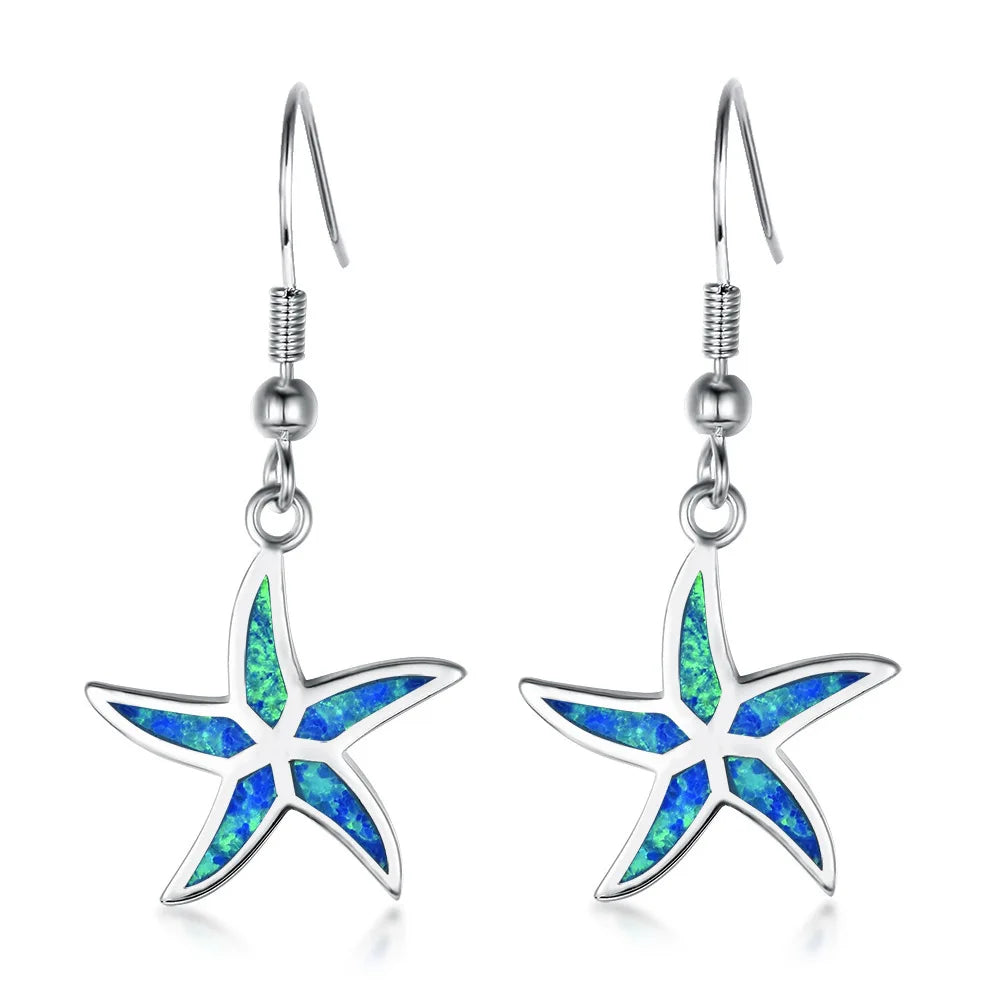 Aobao Women's TikTok for Ocean Style Blue Opal Starfish Drop Earrings Copper Alloy Silver Plated Trendy Gift Jewelry