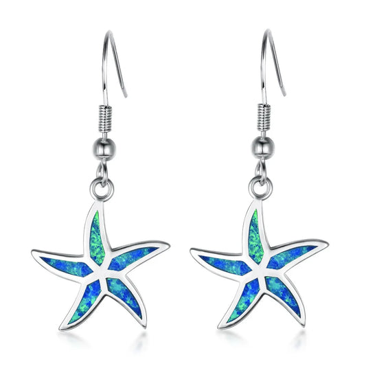 Aobao Women's TikTok for Ocean Style Blue Opal Starfish Drop Earrings Copper Alloy Silver Plated Trendy Gift Jewelry