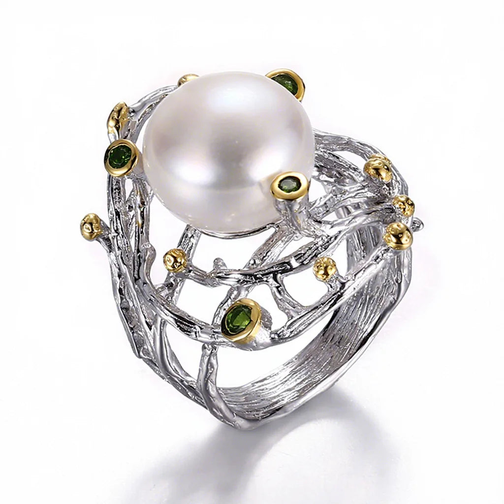 Handmade Indian Style  Germany Button Pearl 925 Silver Ring Diopside Stone Jewelry