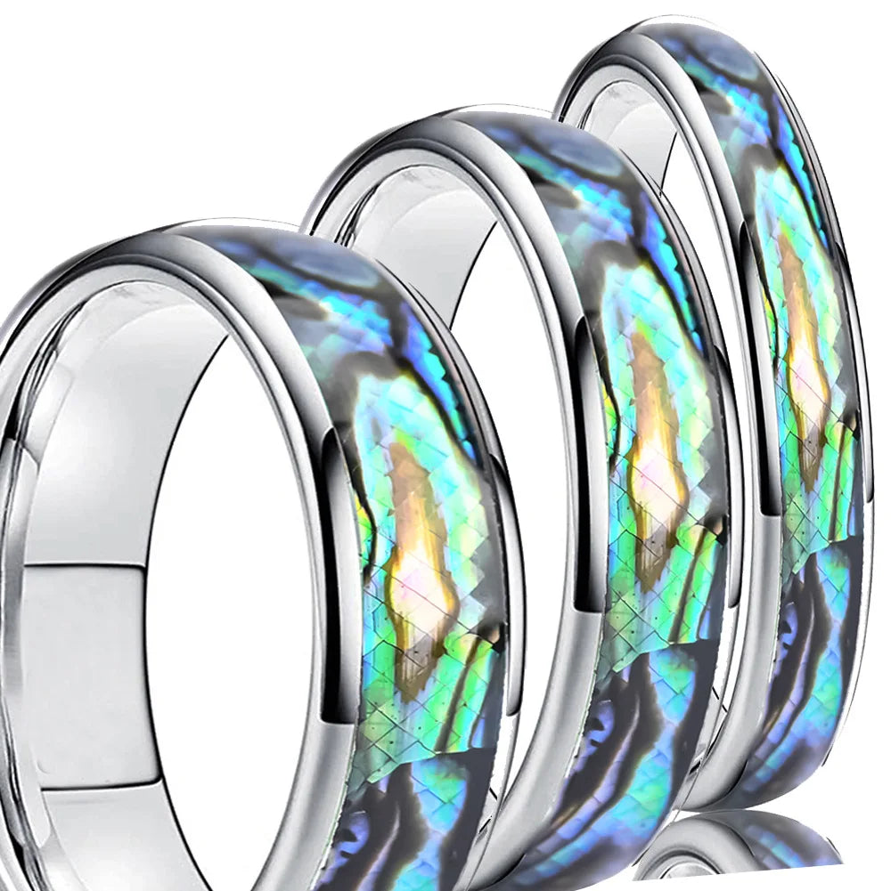 Tungsten Rings for Men 4 6 8 mm Stainless Steel Abalone Shell Eternity Bands Comfort Fit Size 5 to 15