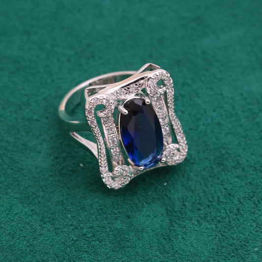 Luxury Fine Jewelry Silver Ring Custom Zircon with Blue Crystal for Wedding Women's Party Engagement Anniversary-Wholesale