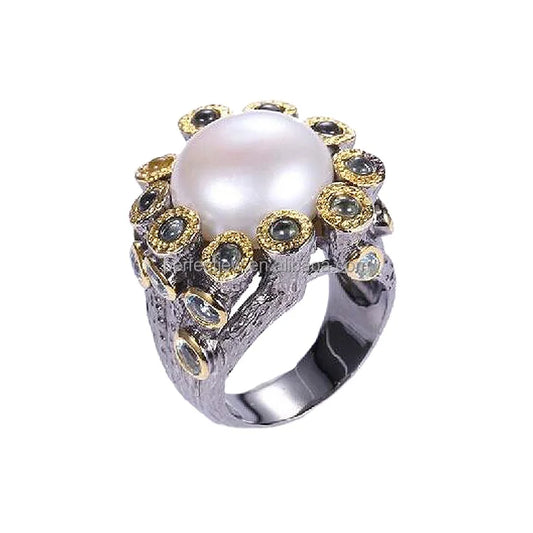 Freshwater Button Pearl 925 Sterling Silver Ring