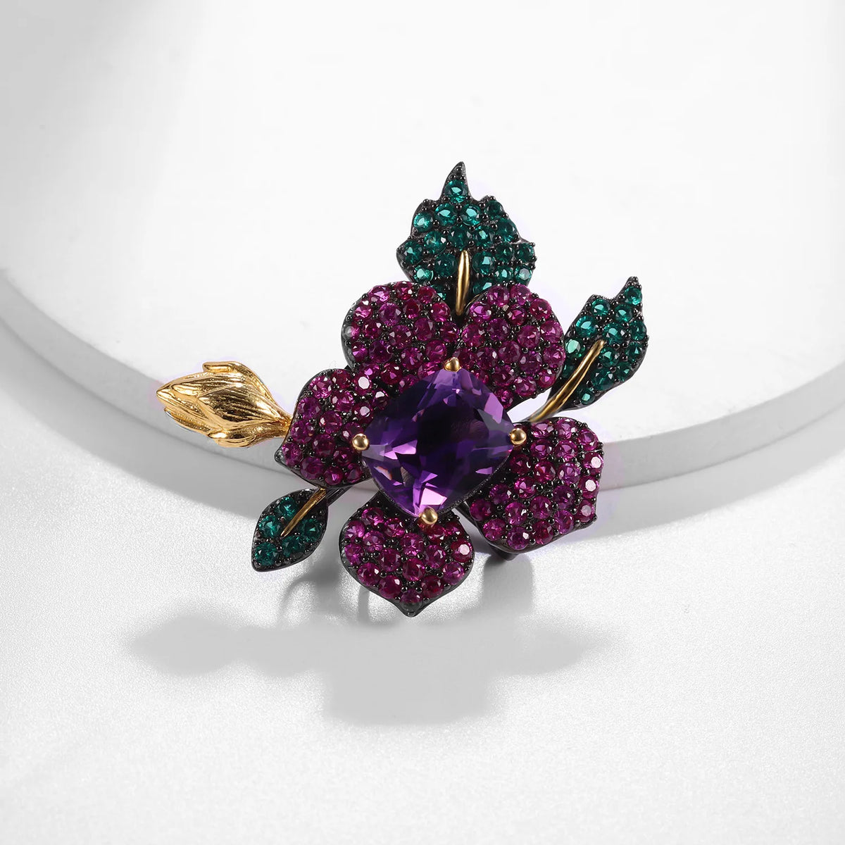 REDheart TIANSHE Design High-end Jewelry S925 Pure Silver Flower Brooch Pendant Natural Amethyst Ring Earrings Set